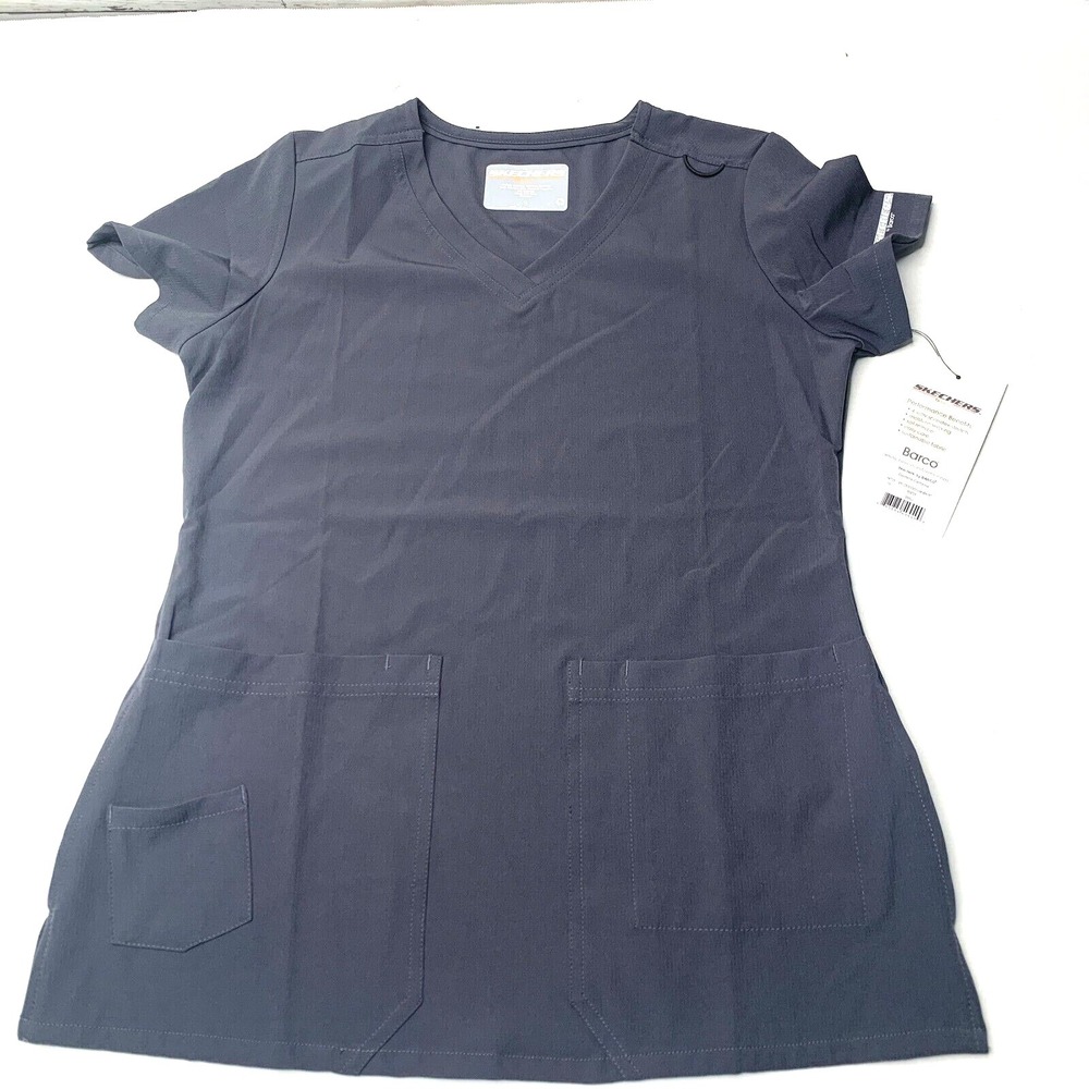 Sketchers Barco 6 Pocket Crossover V Neck Scrub Top Stretch Small Pewter